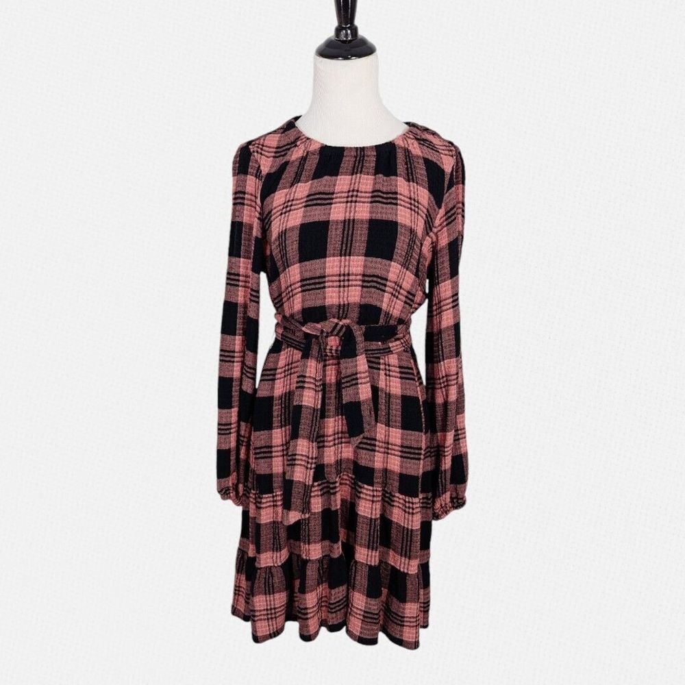 Anthropologie Cloth & Stone S Mini Dress Pink Daia Plaid Gauze Tie Waist‎